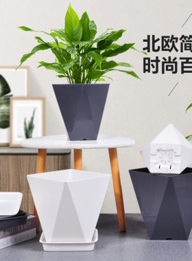 新款树脂加厚花盆pp高档加厚客厅阳台家用菱形正方口白色含托盘