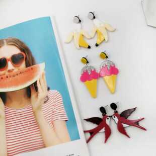 P超萌时尚度假小鸟燕子冰淇淋香蕉拍照萌妹子耳环钉针