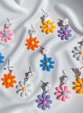 G紫色雏菊钉韩国复古田园撞色镂空小黄花耳环春夏季少女甜美耳饰