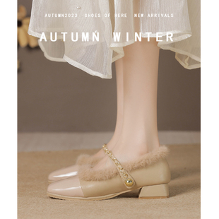 冬天毛毛单鞋女高级感外穿2026新款粗跟加绒保暖棉鞋法式玛丽珍鞋