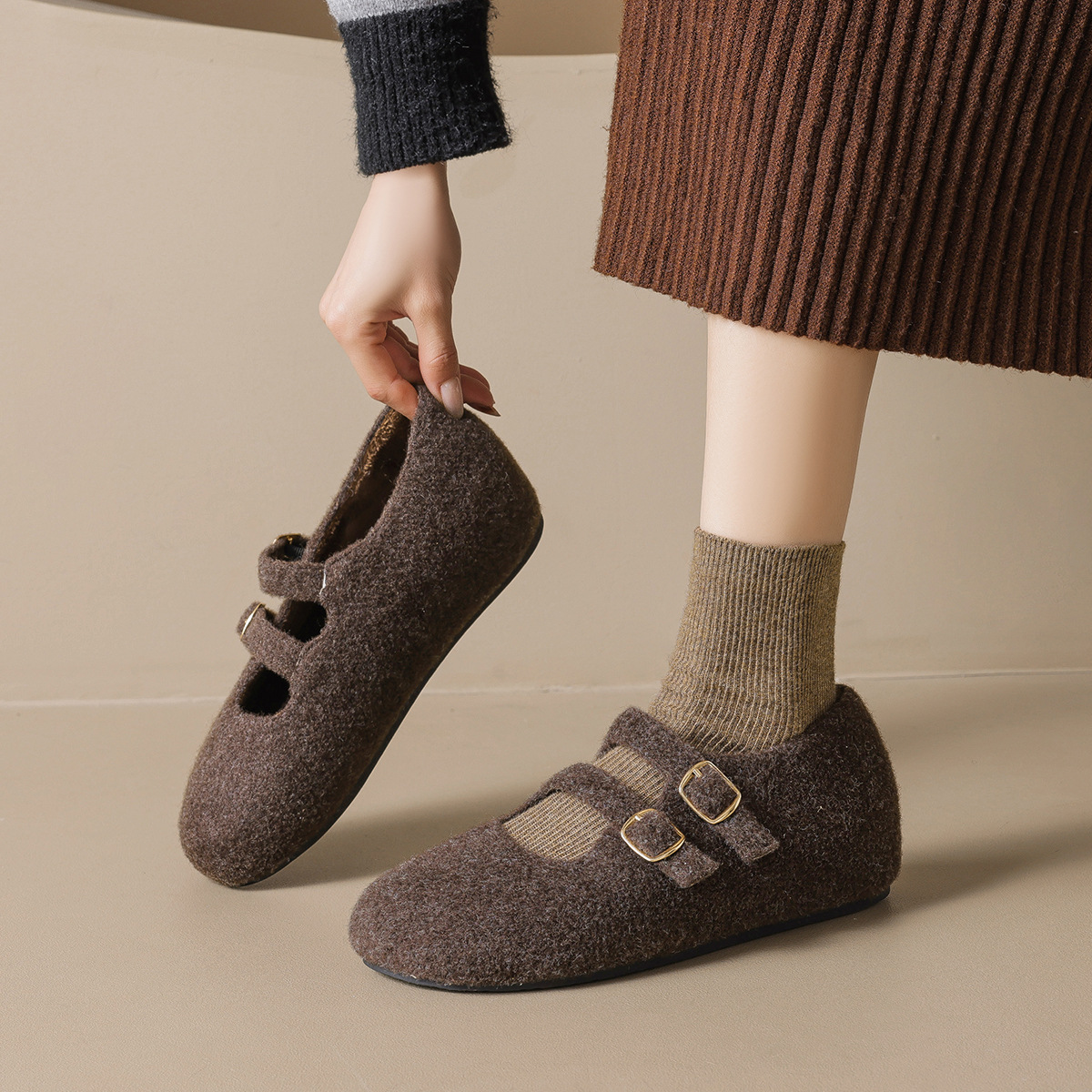 2025年新款秋冬韩版毛毛鞋女冬季加绒毛呢勃肯鞋双扣玛丽珍单鞋女