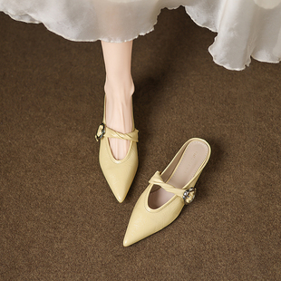 羊皮版~真皮尖头半拖穆勒鞋2026夏季新款配裙子一脚蹬包头凉拖女