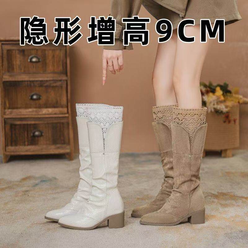 尖头粗跟褶皱堆堆靴女2026秋冬新款小个子高跟西部靴高筒长筒靴子
