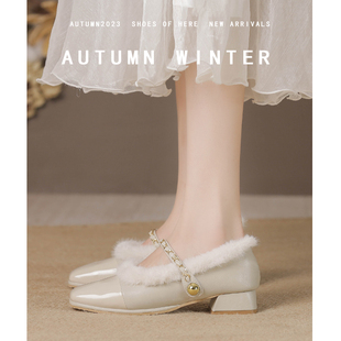 高级感法式玛丽珍毛毛鞋女2026新款冬外穿粗跟加绒单鞋保暖棉鞋女