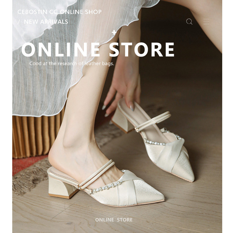 高跟凉拖女外穿2026春夏季新款百搭尖头时尚中跟粗跟包头半拖鞋女