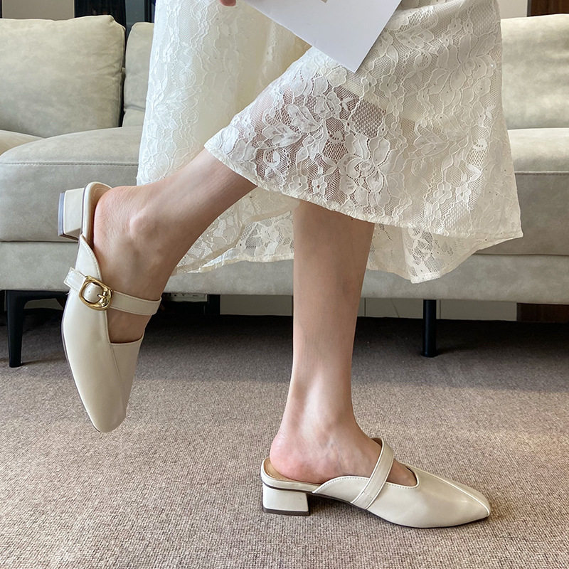法式一字带方头浅口单鞋2026春秋韩版新款晚晚风复古粗跟半拖女,女鞋,包头拖,淘宝优惠券,粉丝福利购,淘宝优惠卷