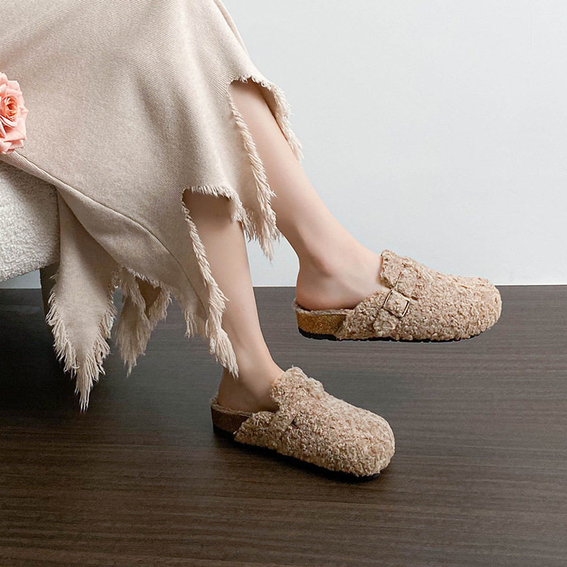 白色厚底勃肯毛毛拖鞋女外穿加绒保暖一脚蹬秋冬季2026新款棉拖鞋