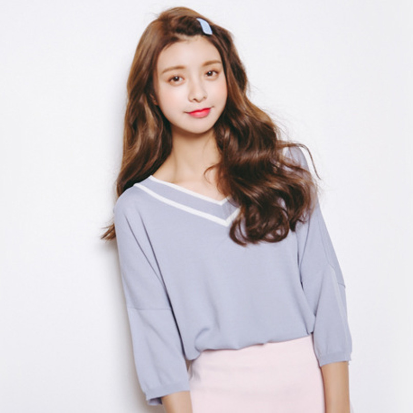 新款韓國夏季超薄外穿毛衣寬松T恤撞色V領中袖森女針織衫A52在類目 女裝/女士精品, 毛衣中 - 來自Buy2taobao.com提供專業的淘寶代購服務