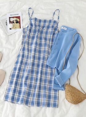 格子吊带连衣裙套装女夏修身显瘦学生打底裙蓝色防晒衣开衫小外套