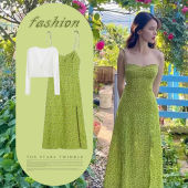 显瘦桔梗碎花裙吊带长款 复古开衩两件套修身 连衣裙 赫本风法式 大码