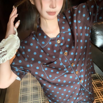 赵露思同款波点真丝睡衣女士夏短袖带胸垫高级感家居服送闺蜜礼盒
