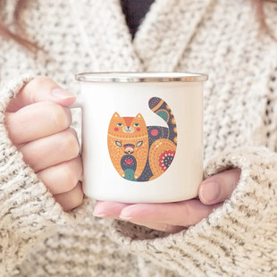 搪艺匠可爱风日式 宠物猫咪搪瓷水杯漱口杯加厚带盖可定制logo冷水