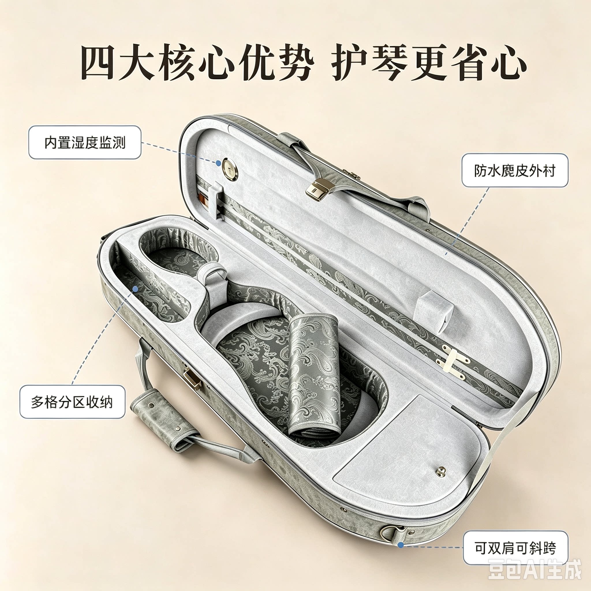 艺鸣乐器 4/4国风款银灰色麂皮绒半月型小提琴盒  轻便抗压双肩背