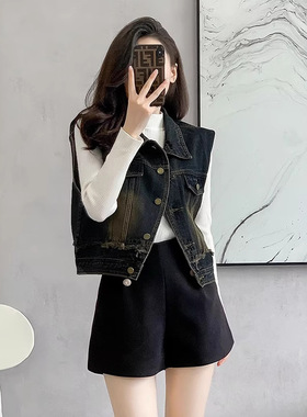 复古蓝色气质牛仔外套女早秋2024新款单排扣开衫马甲短款背心上衣