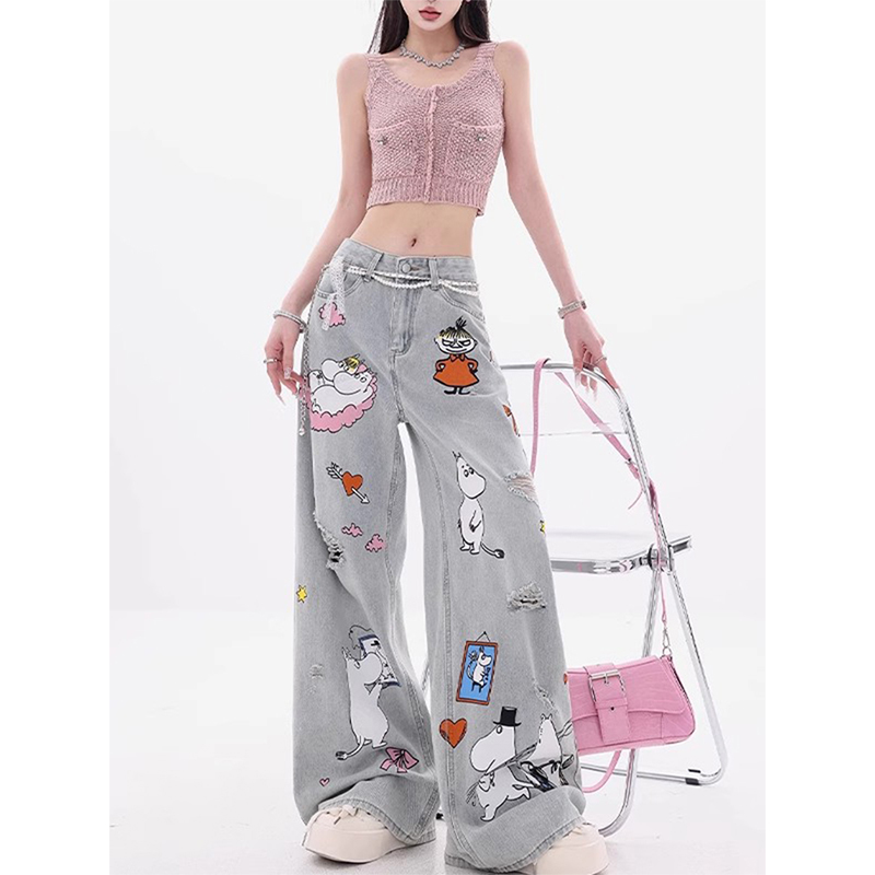 卡通涂鸦印花破洞浅蓝色牛仔裤女2025夏季新款设计感垂感拖地裤子