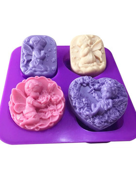 4连新款心形男女天使组合硅胶手工皂模具精油皂天使模具马蹄糕模