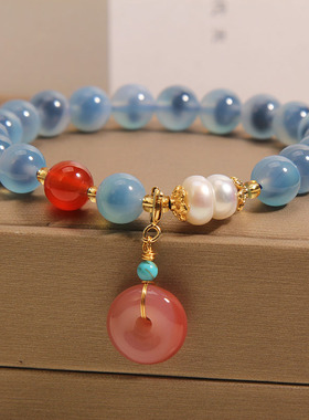 梦幻蓝色糖心玛瑙手链女轻奢盐源玛瑙平安扣吊坠手串闺蜜姐妹礼物