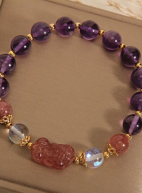 天然草莓晶貔貅手链女小众设计