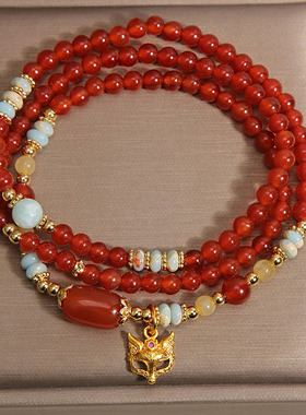 新中式红玛瑙多层手链女轻奢小众高级感寿山石算盘珠狐狸面具手串