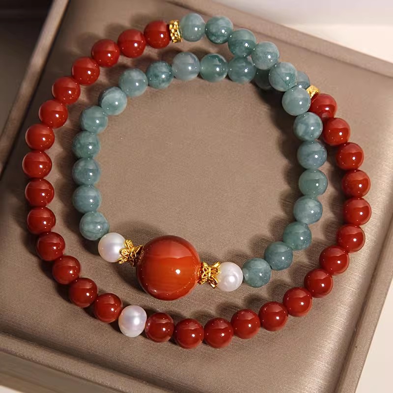 高级感天然南红玛瑙双圈手链女轻奢小众招财转运蓝水翡翠叠戴手串