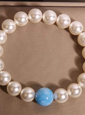 新中式高级感大颗粒珍珠手链女轻奢小众蓝色海纹石手串送闺蜜礼物