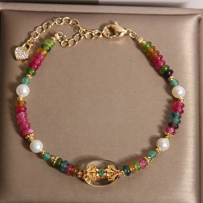 新中式复古彩色碧玺算盘珠手链女款轻奢小众高级感白水晶珍珠手串