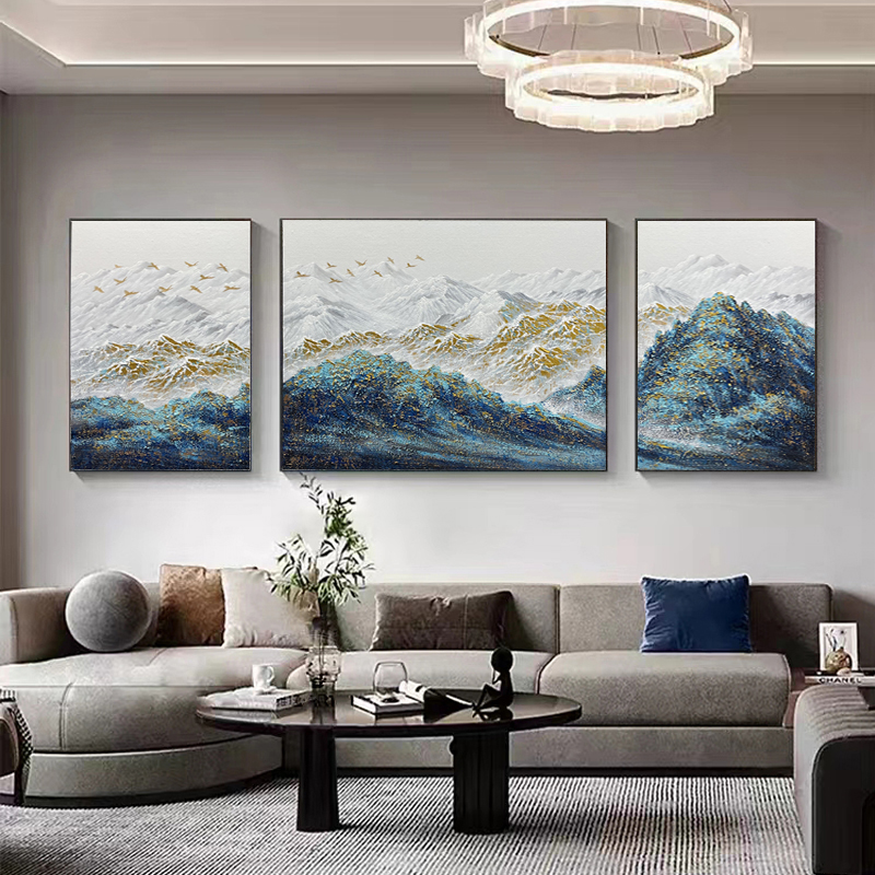 《孔雀蓝金山》纯手绘油画现代简约客厅装饰画沙发背景墙三联挂画图片