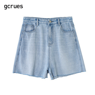 G06X02A7132 CC家居控 gcrues毛边牛仔短裤 女不规则浅色阔腿裤