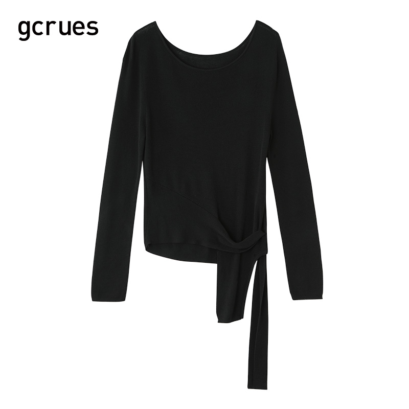 gcrues法式一字肩设计感上衣23春秋新款显瘦黑色长袖小心机t恤女