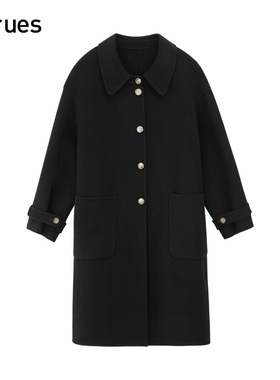 GCRUES赫本风黑色双面羊毛呢外套女厚大衣高级感G10D12A1542