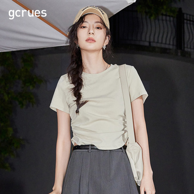 GCRUES设计感小众修身捏褶T恤女25夏季休闲短袖上衣G04X03A0252