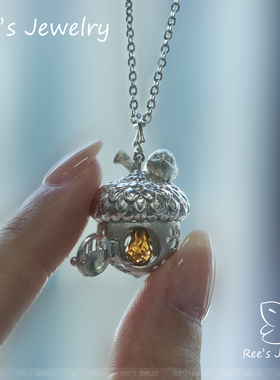 Ree原创 冬日灯火 925纯银天然黄水晶橡果小山雀吊坠项链设计感