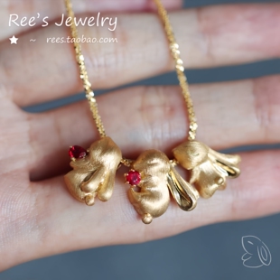 原创本家Ree兔兔 天然鸽血红宝石18k黄金吊坠特殊拉丝本命年项链