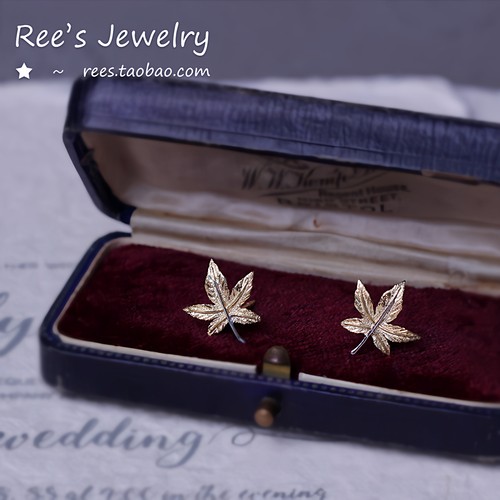 特殊工艺法式优雅18k金枫叶耳钉
