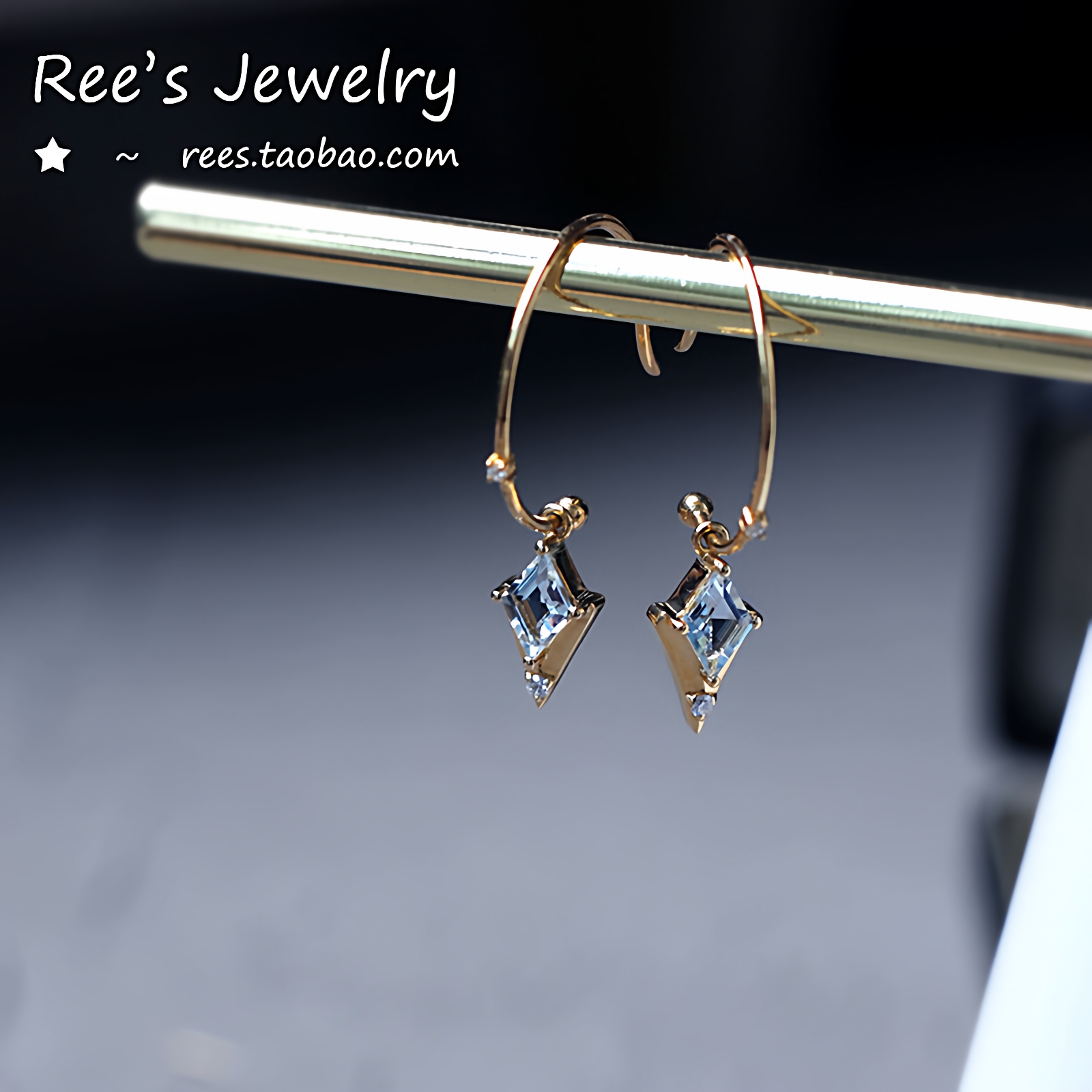 原创小众海蓝宝钻石18k金耳环