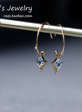 稀少【Rees】星泪 菱形切割天然海蓝宝天然钻石耳环 耳钉 18k黄金