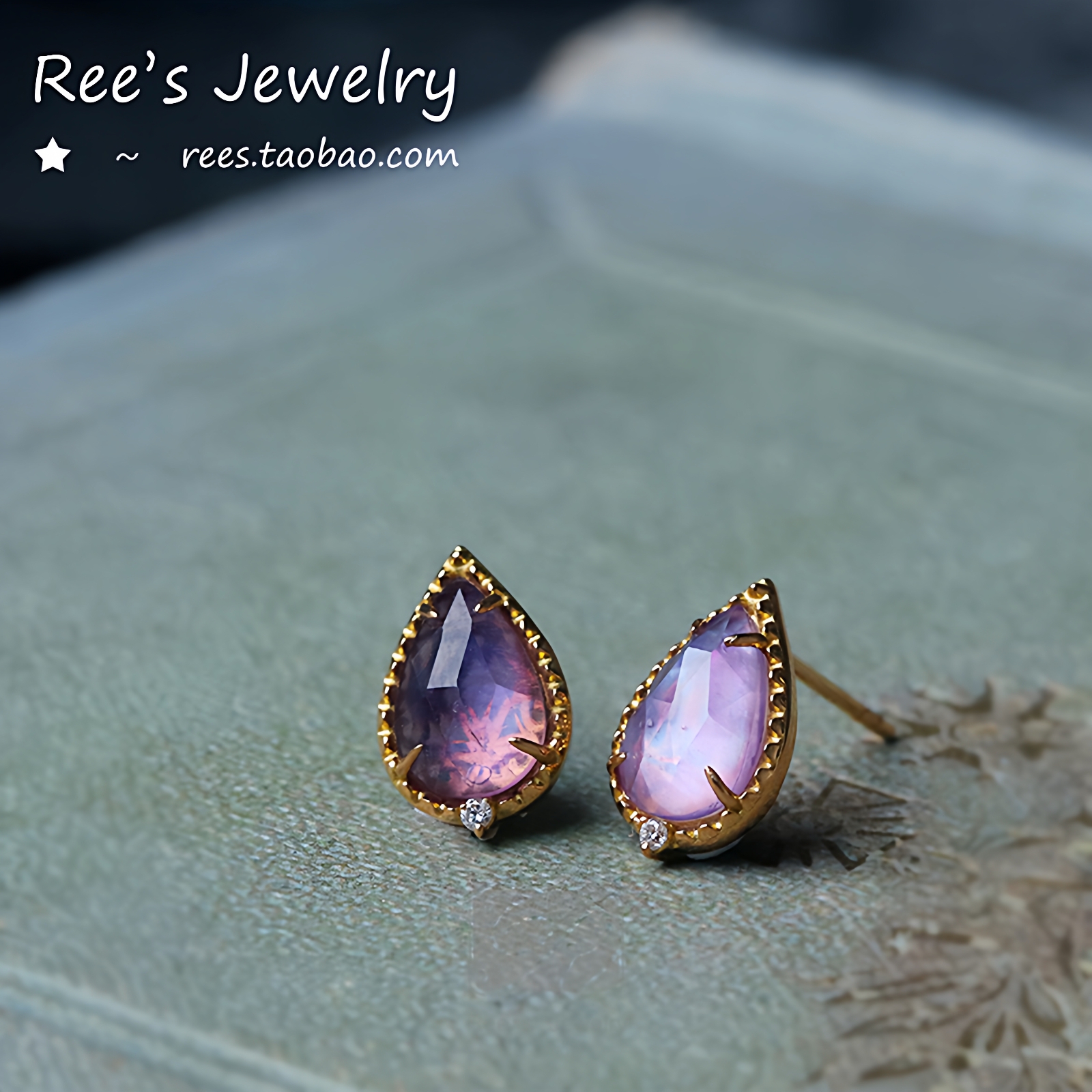 日本拼合天然炫彩宝石18k金耳钉