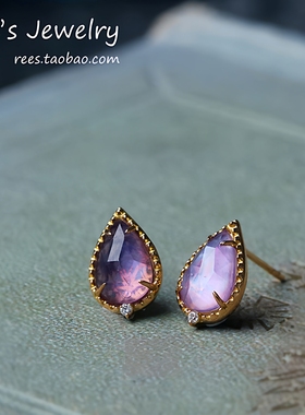 【Rees】如梦绮。天然紫水晶白蝶贝拼合炫彩宝石18k黄金耳钉日系