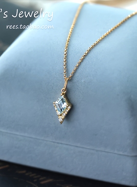 稀少【Rees】星泪 菱形切割天然海蓝宝天然钻石吊坠18k黄金