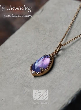 【Rees】如梦绮。天然紫晶白蝶贝拼合宝石18k黄金吊坠项链日本制