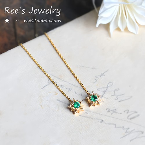 天然沙弗莱18k黄金耳线简约