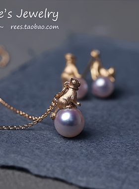 【Rees】淘淘喵。日本akoya海水珍珠 淘气萌猫镶钻石18k黄金吊坠