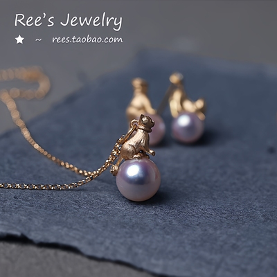 猫咪海水珍珠18k黄金钻石吊坠