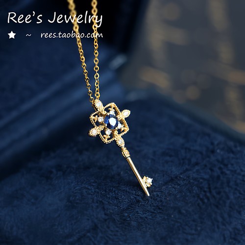Ree蓝宝石钥匙天然钻石18k金吊坠