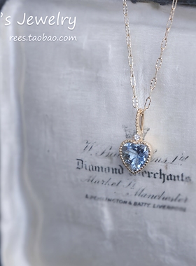 【Rees】烟波。百搭 天然心形海蓝宝18k黄金天然钻石吊坠项链夏日