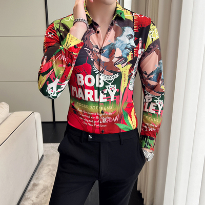 翻领长袖欧美时尚个性印花衬衫