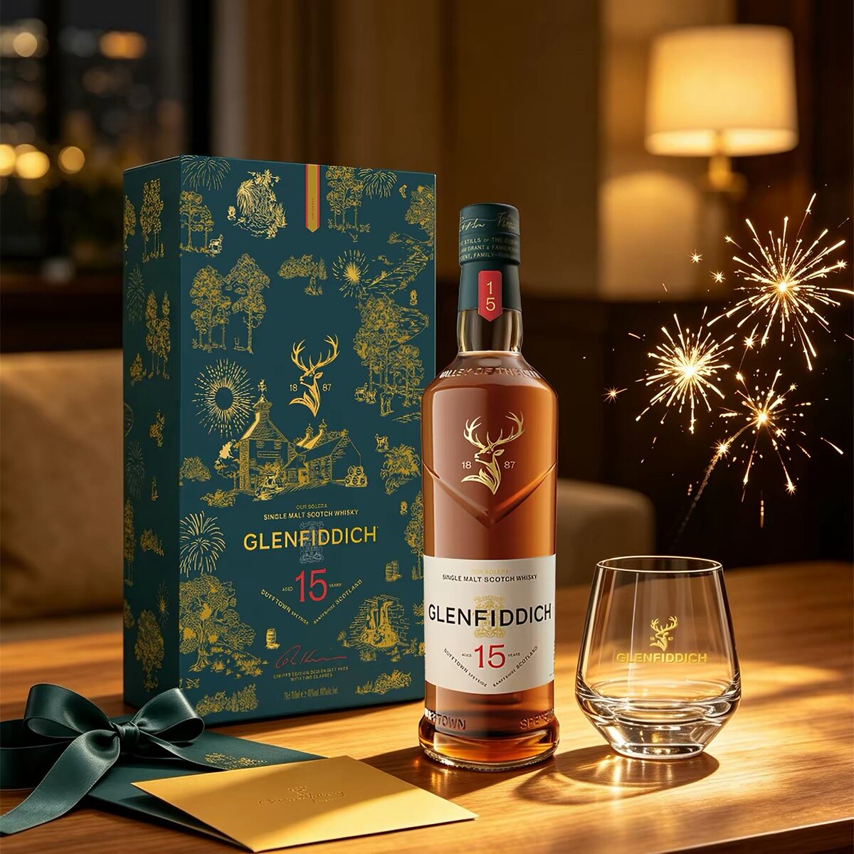 中秋礼盒带杯Glenfiddich格兰菲迪15年苏格兰单一麦芽威士忌送礼
