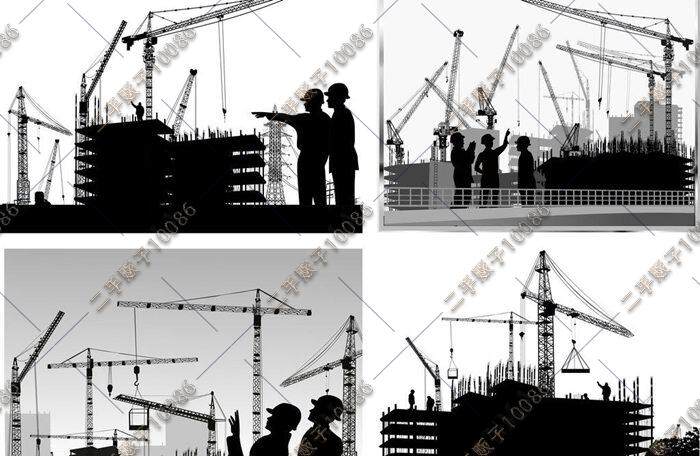 工地建筑起吊机剪影工人工程师指挥黑色阴影矢量eps平面设计素材