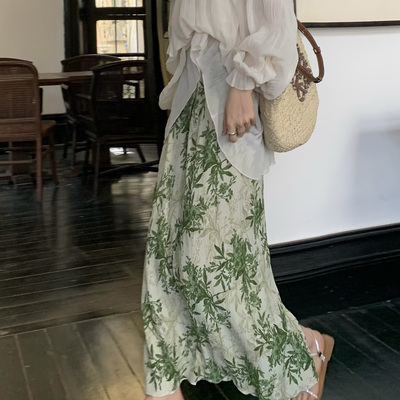 复古国风花色压褶半身裙女