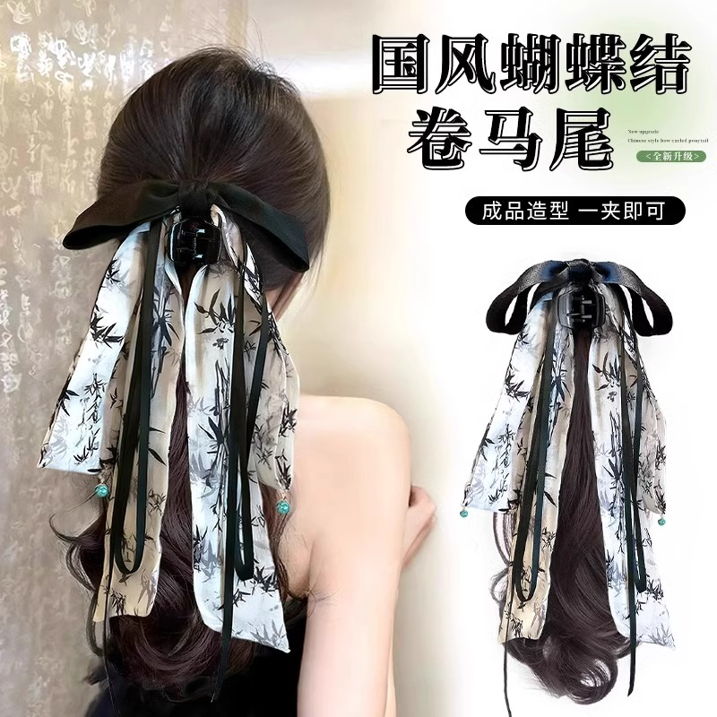 假发马尾女国风水墨飘带
